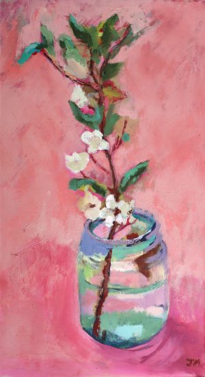 Oil painting of a small branch and white and pale pink blossom in a jam jar. Mainly pink and green.
