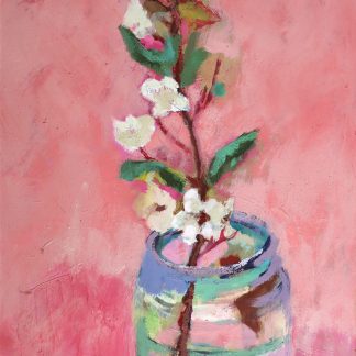 Oil painting of a small branch and white and pale pink blossom in a jam jar. Mainly pink and green.