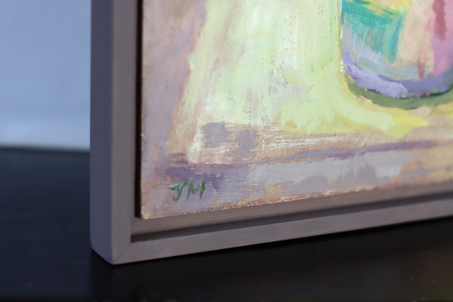 Corner of painting: Parsley original still life oil painting with green leaves and pink pot