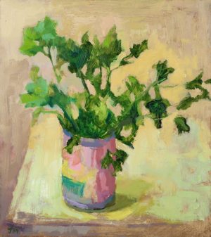 Parsley original still life oil painting with green leaves and pink pot
