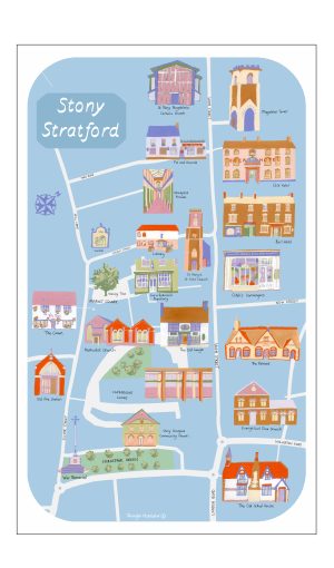 blue tea towel with buildings and map of stony stratford