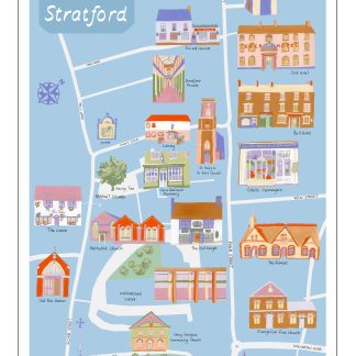 blue tea towel with buildings and map of stony stratford