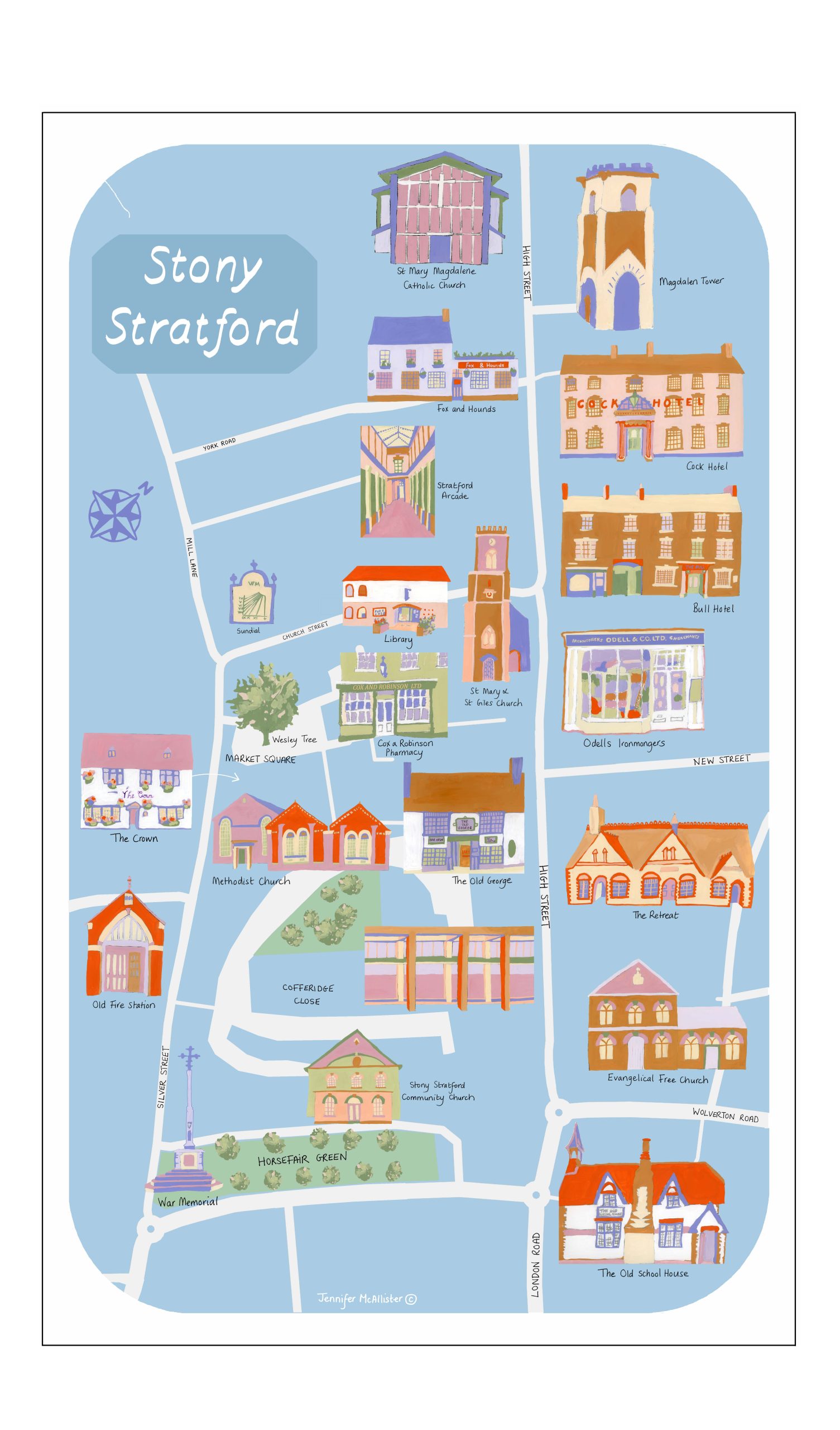 blue tea towel with buildings and map of stony stratford