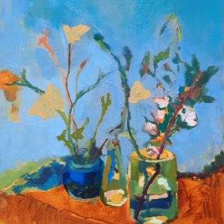 Studio Flowers original oil painting of colourful spring flowers and blossom in glass and ceramic vases by Jennifer McAllister