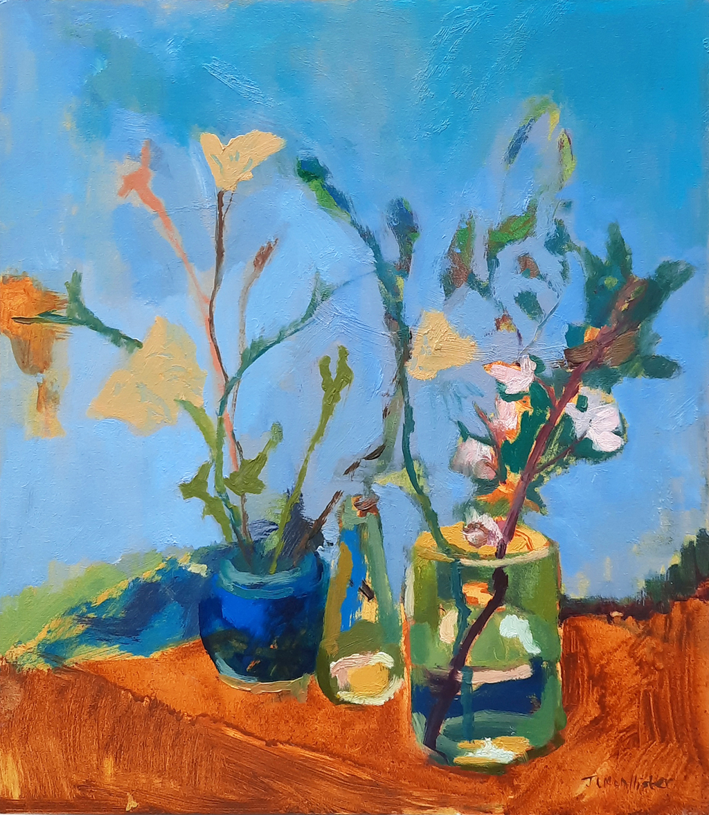 Studio Flowers original oil painting of colourful spring flowers and blossom in glass and ceramic vases by Jennifer McAllister