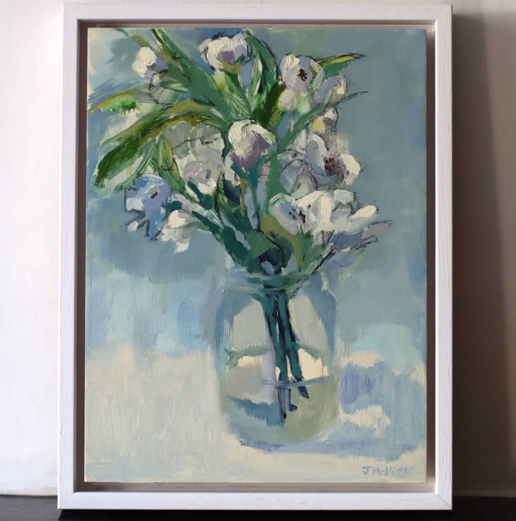 White and blue flower painting in a white float frame