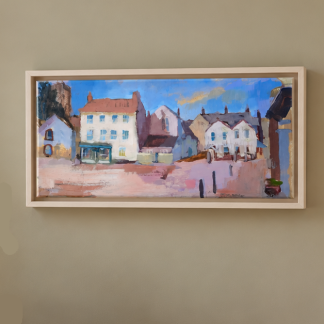 Stony Stratford summer acrylic painting hanging on display on a wall with a cream float frame