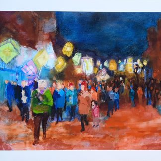 The Procession, Stony Stratford art print showing a lively evening street scene with glowing lanterns, colourful historic buildings and crowds of people.