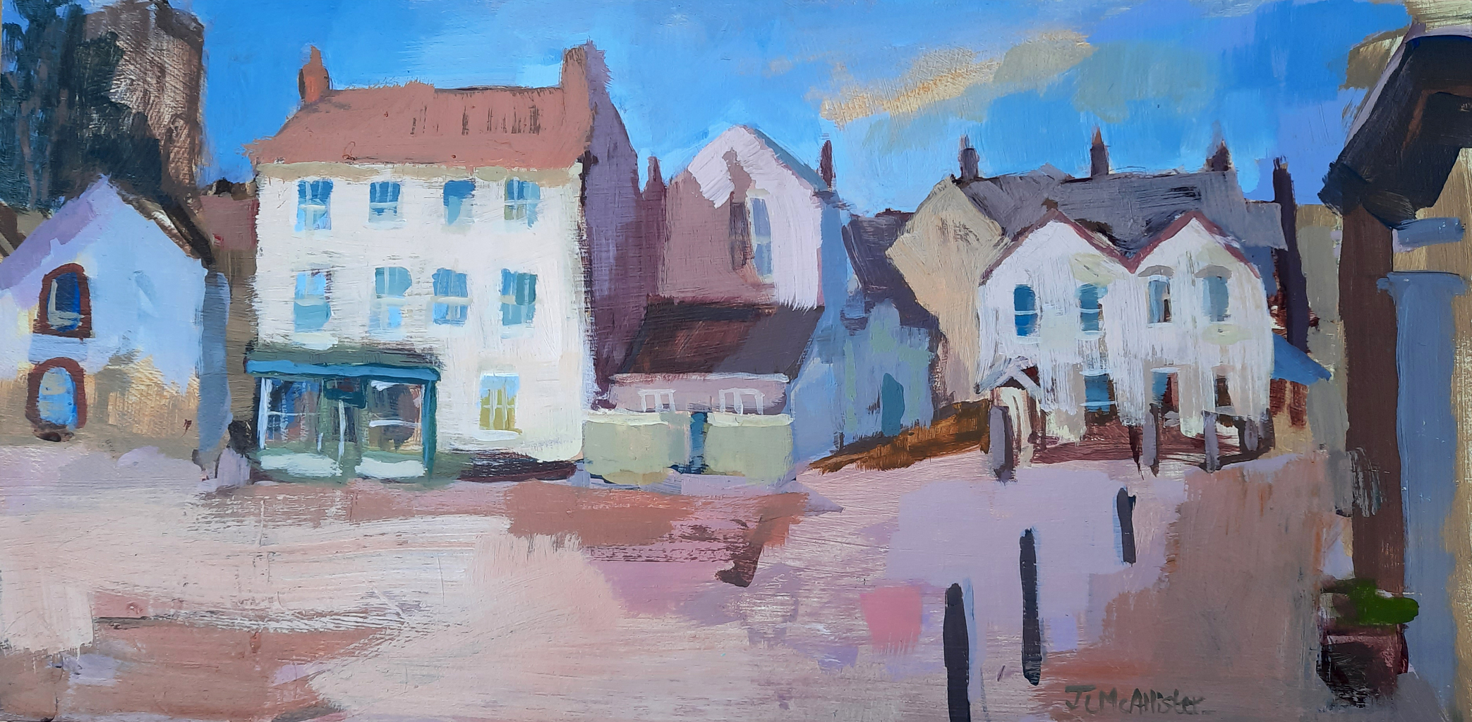 Original acrylic painting of historic buildings in Stony Stratford Market Square, painted in soft pinks and warm browns, with a quiet, empty street.